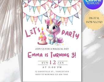 EDITABLE Unicorn Birthday Invitation, Colorful 1st Birthday Invite, Unicorn First Birthday Party, Girl Magical Day Invite, Instant Download