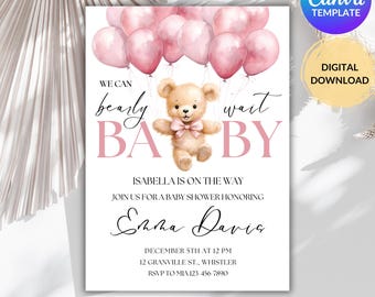 EDITABLE Baby Shower Invitation, Modern Boho Teddy Bear Girls Baby Shower Invite, We Can Bearly Wait Invite, Canva Template Instant Download