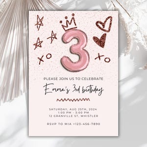 EDITABLE Girl 3rd Birthday Invitation, Pink Glitter Princess Third Birthday Invite, Pink Balloon Birthday Printable Invite, Instant Download