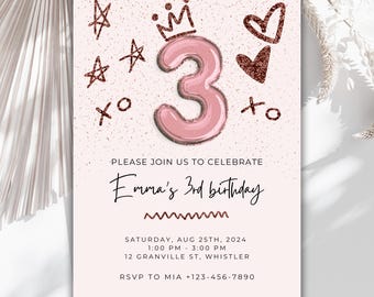 EDITIERBARE Mädchen zum 3. Geburtstagseinladung, Rosa Glitzer Prinzessin zum dritten Geburtstag einladen, Rosa Ballon Geburtstag druckbare einladen, Sofort Download