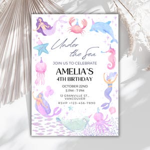 EDITABLE Mermaid Birthday Invitation, Under The Sea Birthday Invite, Ocean Animal Girl Birthday, Mermaid Bash Party Invite, Instant Download