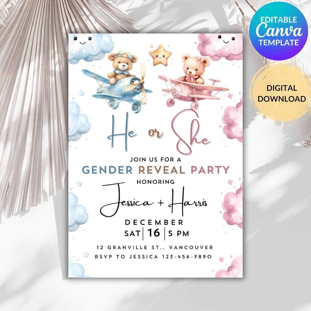 EDITABLE Teddy Bears Gender Reveal Invitation, He or She Party Invite ...
