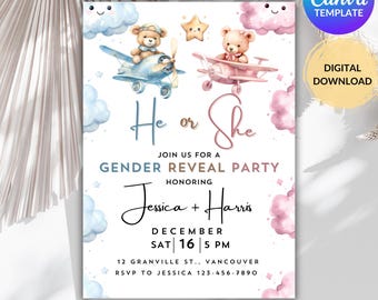 EDITABLE Teddy Bears Gender Reveal Invitation, He Or She Party Invite, Boho Gender Reveal Party Template, Boy Or Girl, Instant Download