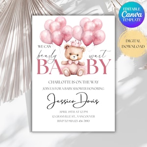 EDITABLE We Can Bearly Wait Baby Shower Invitation, Pink Teddy Bear With Balloons, Girl Baby Shower Printable Invite, Instant Download