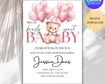 Convite para Chá de Bebê com Ursinho de Pelúcia Rosa, para Menina (Download Digital)