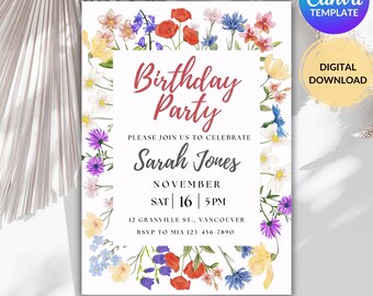 Editable Flower Birthday Invitation, Wildflower Birthday Invite, Floral Birthday, Mother's Day Party, Canva Template, Instant Download