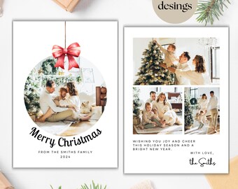 Christmas Card Template, Red Bow Holiday Card Template, Family Photo Christmas Card Template, Merry Christmas card, Christmas Greetings
