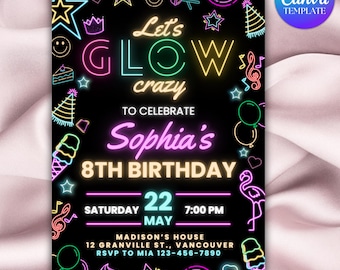 Neon Glow Geburtstagseinladung, bearbeitbare Canva Vorlage (digitaler Download)