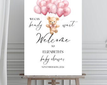 Editable Teddy Bear Baby Shower Welcome Sign, Bear Themed Baby Shower Welcome Sign, Printable Pink Teddy Baby Shower Sign, Instant Download