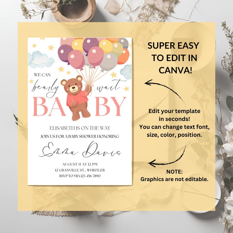 Editable Teddy Bear Baby Shower Invitation Template, We Can Bearly Wait ...