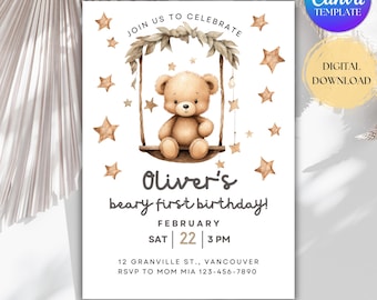 Editable Teddy Bear First Birthday Invitation, Neutral Kids Party, Beary First Invite, Instant Download