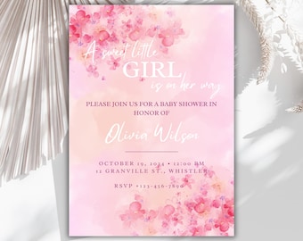 EDITABLE Sweet Baby Girl Is On Her Way Baby Shower Invite, Sweet Baby Girl Pink Floral Digital Invitation, It’s A Girl Instant Download