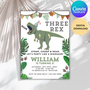 Op de afbeelding: Een groene dinosaurus met een feestmuts, omringd door groene bladeren, met de tekst "ROAR", "THREE REX", "STOMP, CHOMP & ROAR, LET'S PARTY LIKE A DINOSAUR!", "WILLIAM IS TURNING 3!", "SATURDAY, OCT 27TH, 2024", "5:00 PM - 7:00 PM", "12 GRANVILLE ST, WHISTLER", "RSVP TO MOM EMILY +123-456-7890". Dit is een printbare verjaardagsuitnodiging.