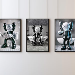 Black Kaws Bathroom Bundle, Set of 3, Bathroom Wall Art, Hypebeast decor, Digital Print, Instant Download, Gift for him and her
