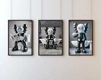 Black Kaws Bathroom Bundle, Set of 3, Funny Bathroom Wall Art, Hypebeast decor, Digital Print, Instant Download, Gift for him and her