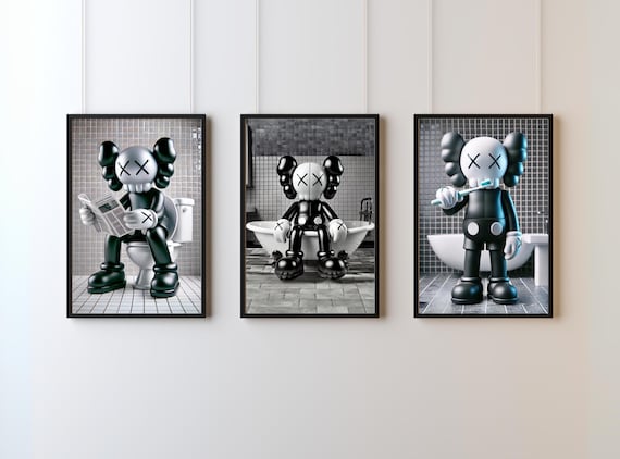 Black Kaws Bathroom Bundle, Set of 3, Funny Bathroom Wall Art, Hypebeast decor, Digital Print, Instant Download, Gift for him and her