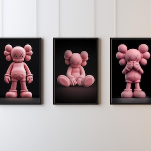 Lot de 3 affiches minimalistes roses Kaws, art mural du salon, décoration Hypebeast, impression numérique, téléchargement immédiat, cadeau pour elle et lui