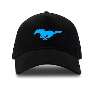 May include: A black baseball cap with a blue running horse logo on the front.