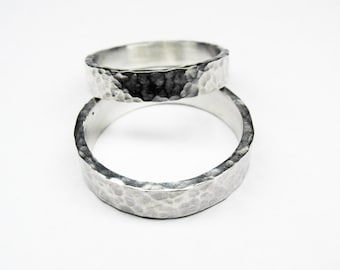 Classic Hammered Silver Wedding Band Set