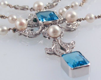 Blue Topaz & Pearl Opera Necklace - in 14K white gold