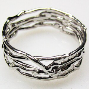 May include: A silver ring with a unique, intricate design that resembles a woven or braided pattern.