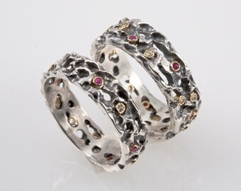 Medieval Wedding Band Set - Made from Silver with Rubies & Diamonds