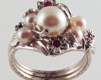 Five Pearl Ruby Ring - in recycled silver