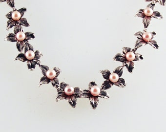 Leather Flower Pink Pearl and Silver Necklace