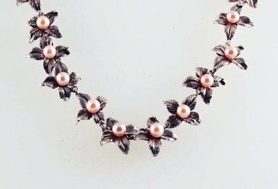 Leather Flower Pink Pearl and Silver Necklace