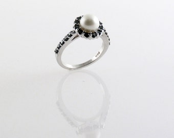 Black Diamond & Pearl Halo Ring