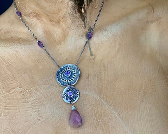The “Medora” Necklace. FINE SILVER PECHAT Collection, Silver necklace with amethyst &cz..