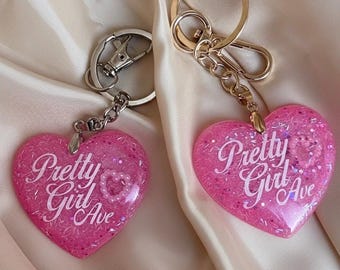 Heart-shaped resin keychain — Pretty Girl Ave. — Inspired by Sabrina Carpenter — Gift — Handbag charm