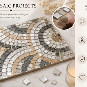 May include: A square mosaic tile project featuring a geometric pattern of small, reflective mirror squares in silver, gold, and dark gray tones. The text reads 1 MOSAIC PROJECTS, Create stunning mosaic designs with shiny mirror squares, and PERFECT FOR DIY MOSAICS.