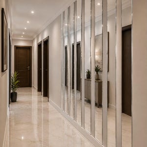 Può includere: Una serie di pannelli a specchio rettangolari verticali in acrilico argentato installati su una parete del corridoio. I pannelli sono autoadesivi, resistenti all'acqua e dotati di pellicola protettiva. Testo: 3 CORRIDOR WALLS, MIRROR SILVER PLEXI (ACRYLIC), SELF-ADHESIVE EASY TO INSTALL, PROTECTIVE FILM ON THE FRONT, WATER RESISTANT, EASY TO CUT & CUSTOMIZE.