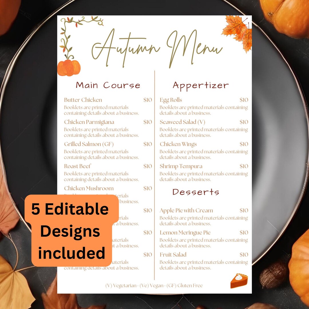 Autumn Menu Template Bundle 5 Minimalistic Floral or Retro Design Autumn Menu Template Bundle 5 Minimalistic Floral or Retro Design