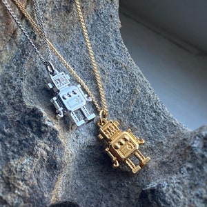 Robot Pendant or Necklace in Gold or Rhodium Plated, with Chain Options or Charm only, Unisex, comes in velvet gift bag.