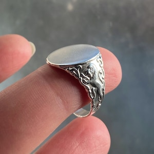 Gold or Silver Oval Signet Ring with Lions, Ornate Detailing, blank engravable top Made to order from a Vintage Mould, Medieval Vibes