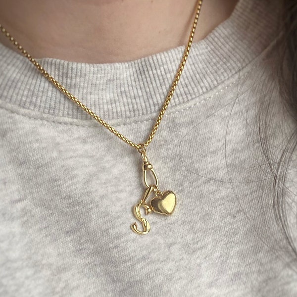 Gold Charm Holder Necklace DIY Clip charms and rings to it, custom chain, add Swan Letters + Cushion Heart A B C D E F M R S+ Whole Alphabet