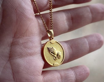Prayer hands charm pendant -  Gold or Rhodium pltd. praying pray emoticon coin vintage style ~ made in the US, custom length