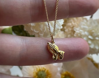 Prayer Hands Charm Pendant Necklace w/ long lasting gold or rhodium plating, pendant only available, 18"-20" curb chain - praying hands
