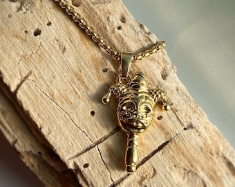 Gold Jester Clown Gesicht Anhänger mit oder ohne Kette - Vintage Design, 22k Vergoldung - Spassvogel, Hofnarr, Königshof