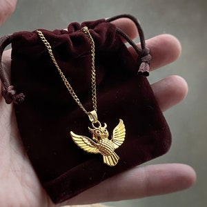 Owl Charm in Gold or Silver, Pendant Necklace on custom length Venetian or Curb chain, or charm only available too. Wingspan night owl