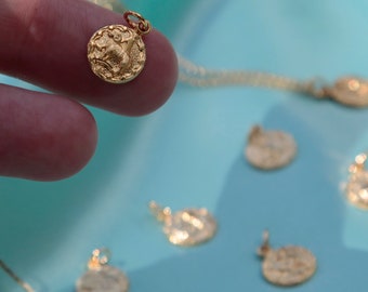 Small Zodiac Medallion Pendant Necklace in 22k Gold on Thin Chain Horoscope Astrology Sign Celestial Charm Good Friend Birthday Gift