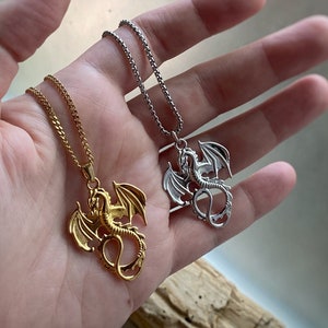Dragon Necklace in Gold or Silver Pendant Charm on custom length Venetian or Curb chain, or charm only available too.