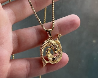 Collar con colgante de pez figurativo de Piscis en plata y oro, con o sin cadena - Colgante del horóscopo zodiacal, estilo vintage - Rodio