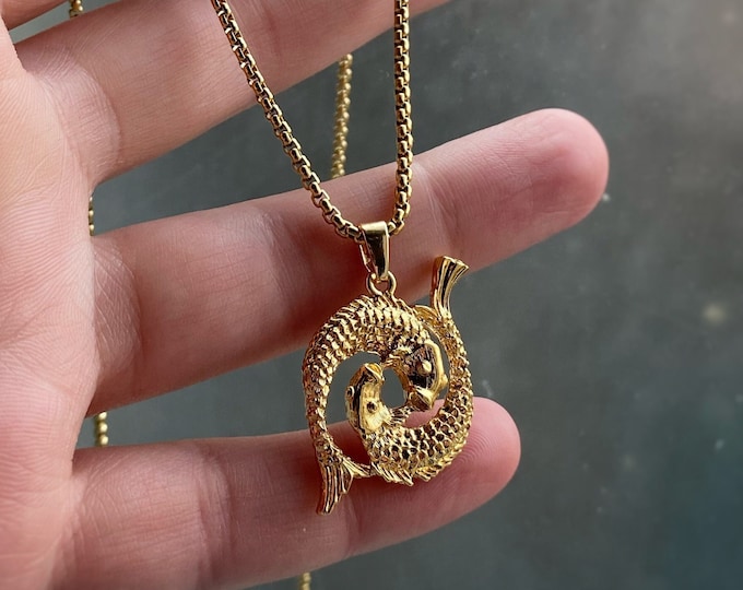 Pisces Figural Fish Pendant Necklace Silver and Gold with or without chain - Zodiac Astrology Horoscope Pendant, vintage style - Rhodium