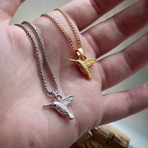 Gold or Silver Hummingbird Pendant Necklace on custom length Venetian or Curb chain, or charm only available too.  Humming bird