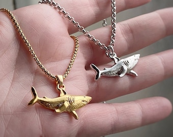Shark Pendant Necklace Gold or Silver  on custom length Venetian, Curb or Rolo chain, or charm only available too.  Great White Shark Ocean