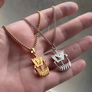 Gold or Silver Pirate or Viking Ship Pendant Necklace on custom length Venetian or Curb chain, or charm only available too.