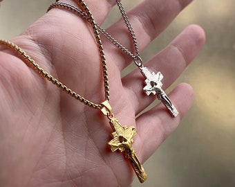 Crucifix Necklace in Gold or Rhodium Plated, with Chain Options or Charm only, Jesus on the Cross, Unisex, Small, comes in velvet gift bag.